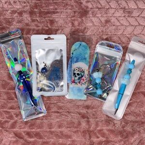 Set of Blue Beaded Pens with Keychain and Skull Bookmark day of the dead bulk